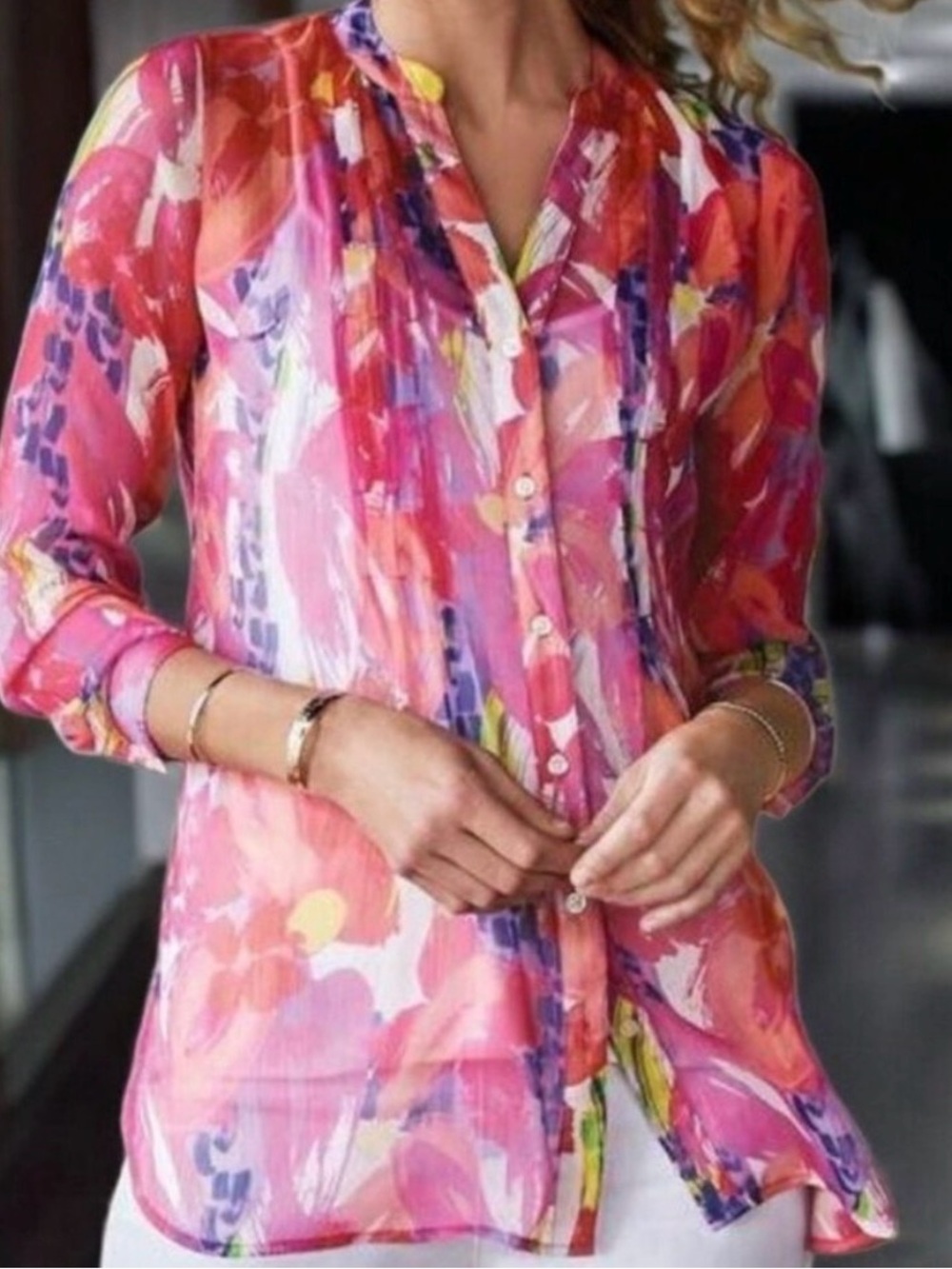 Soft Surroundings Pink Floral Sheer Button-Front Blouse